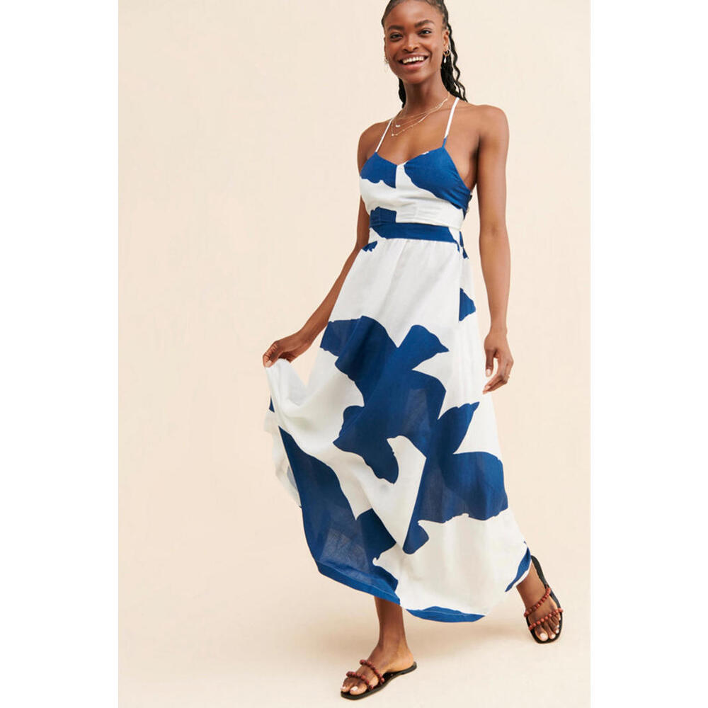 Anthropologie x The Odell’s-Navy & White Abstract Print Linen Maxi Dress, size M